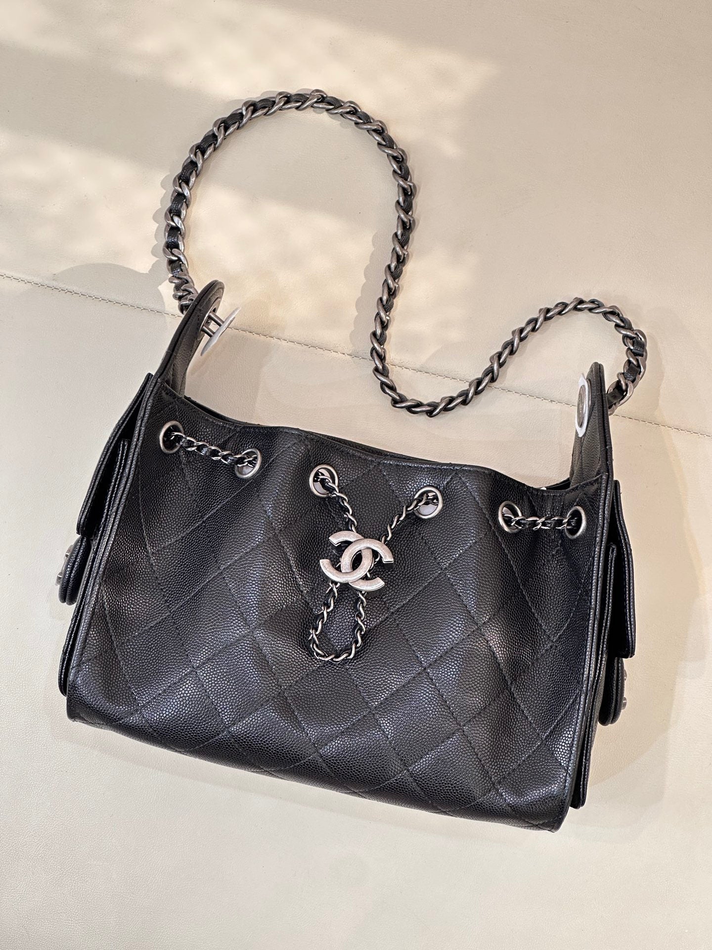 Chanel 2025 Hobo Bag 22cm Black Caviar Leather With Silver Hardware