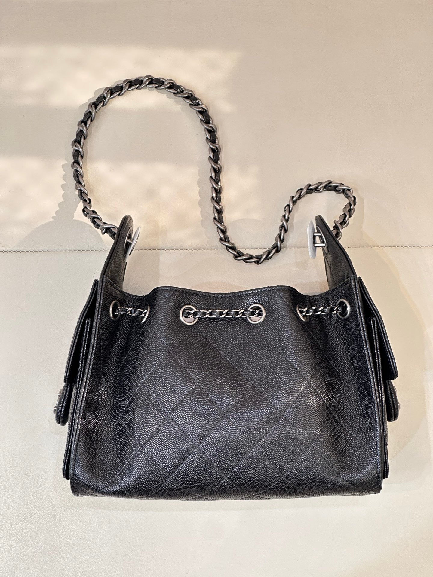 Chanel 2025 Hobo Bag 22cm Black Caviar Leather With Silver Hardware