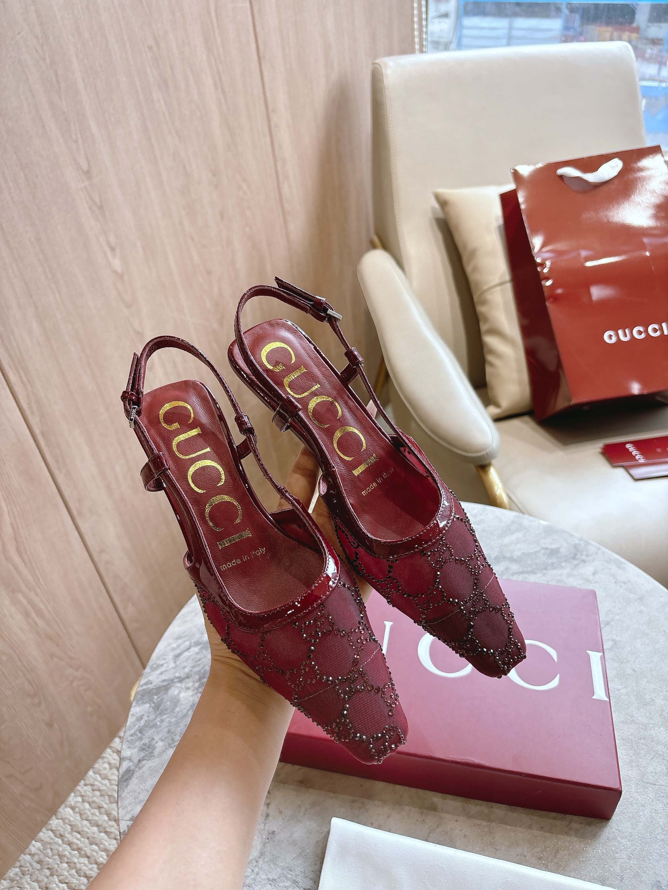 GG 2025 Crystal Slingback Pump Rosso Ancora Red Mesh Leather