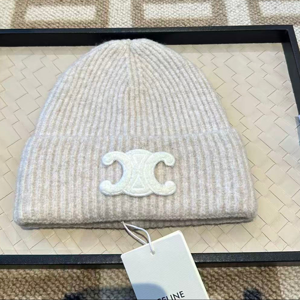Celine Embroidered Triomphe Hat Beige mix White Wool Cashmere