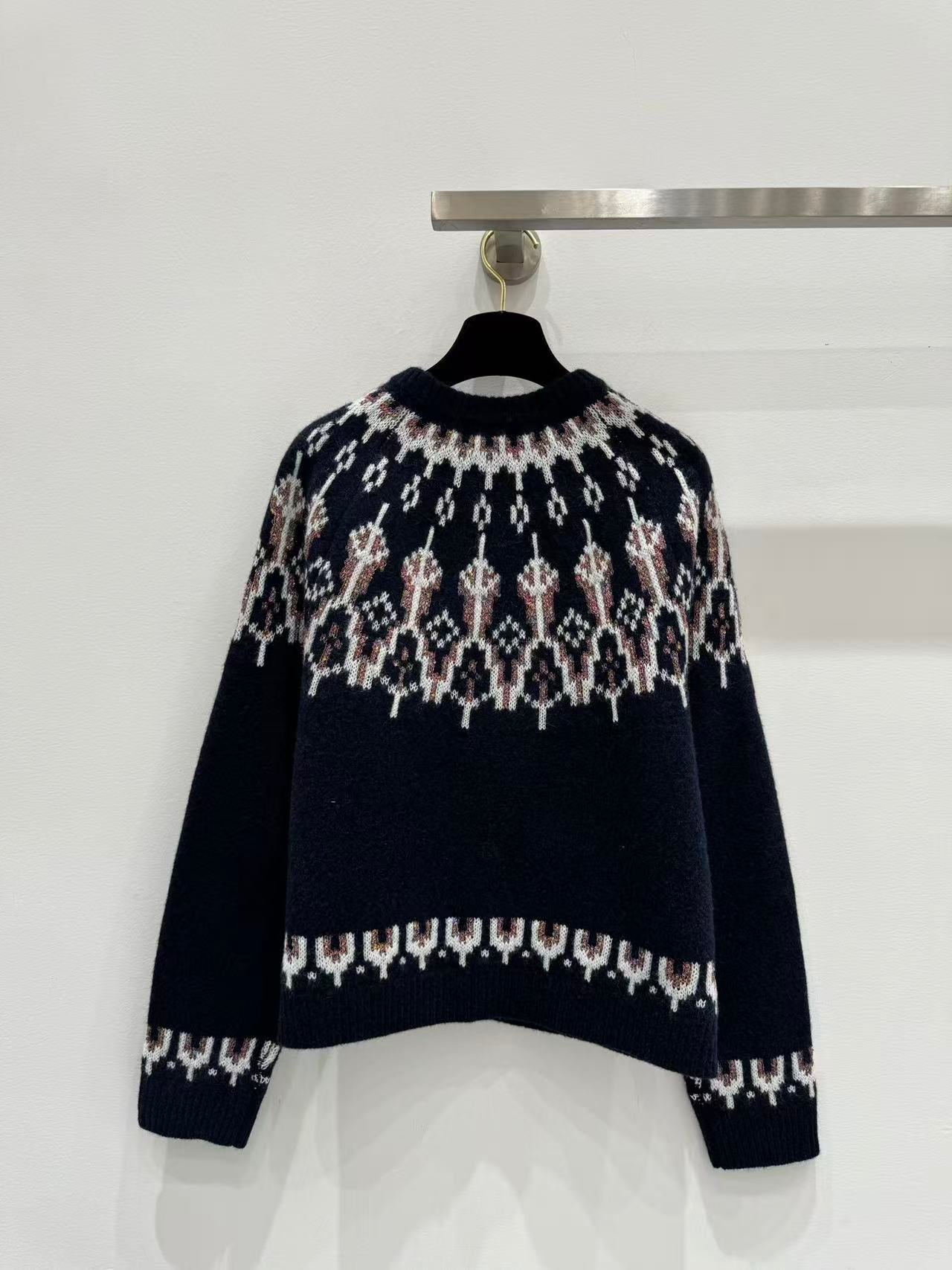 Loewe 2025 Sequin-embellished Fair Isle Wool-blend Navy Blue Sweater