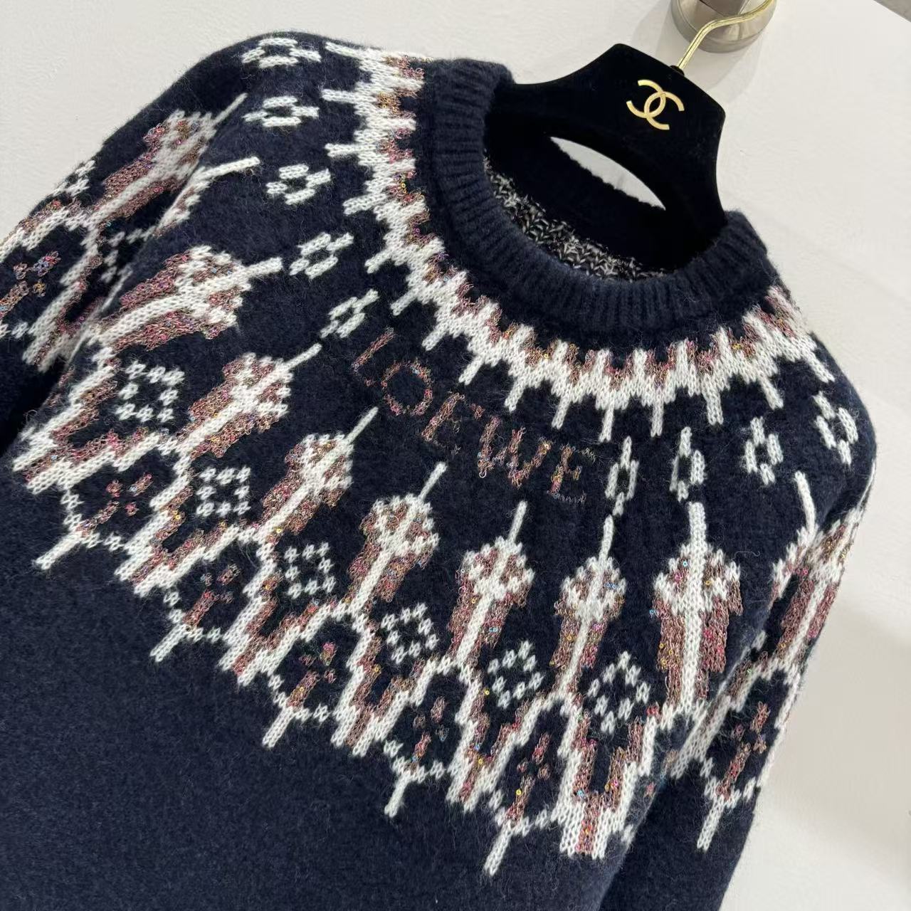 Loewe 2025 Sequin-embellished Fair Isle Wool-blend Navy Blue Sweater