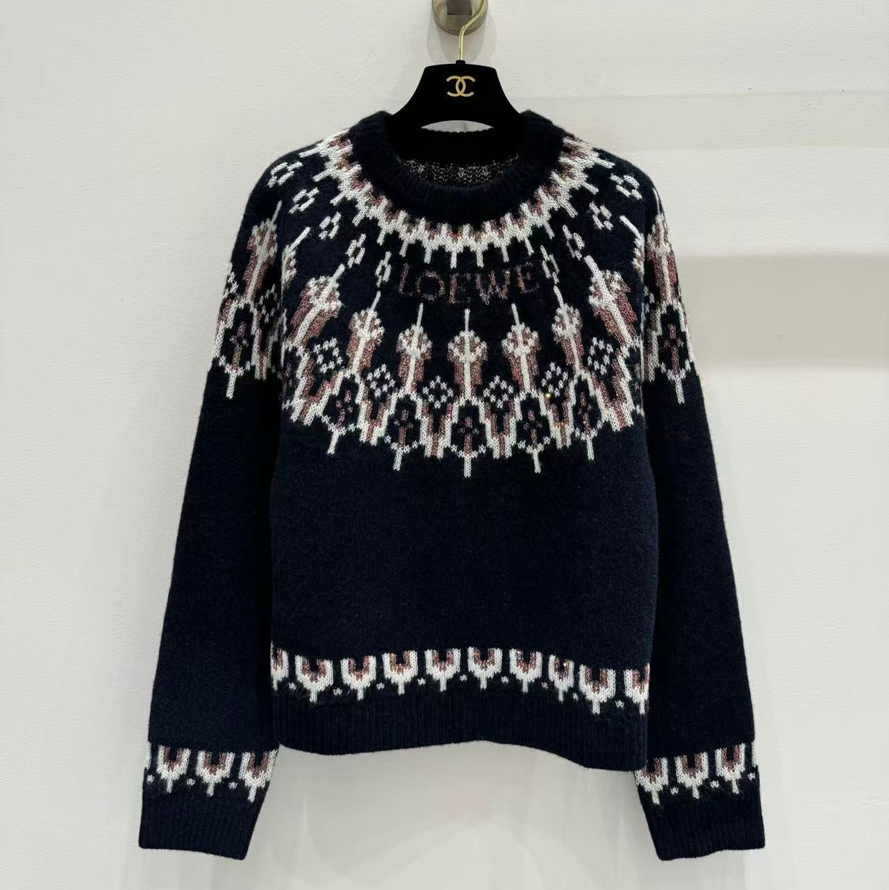 Loewe 2025 Sequin-embellished Fair Isle Wool-blend Navy Blue Sweater