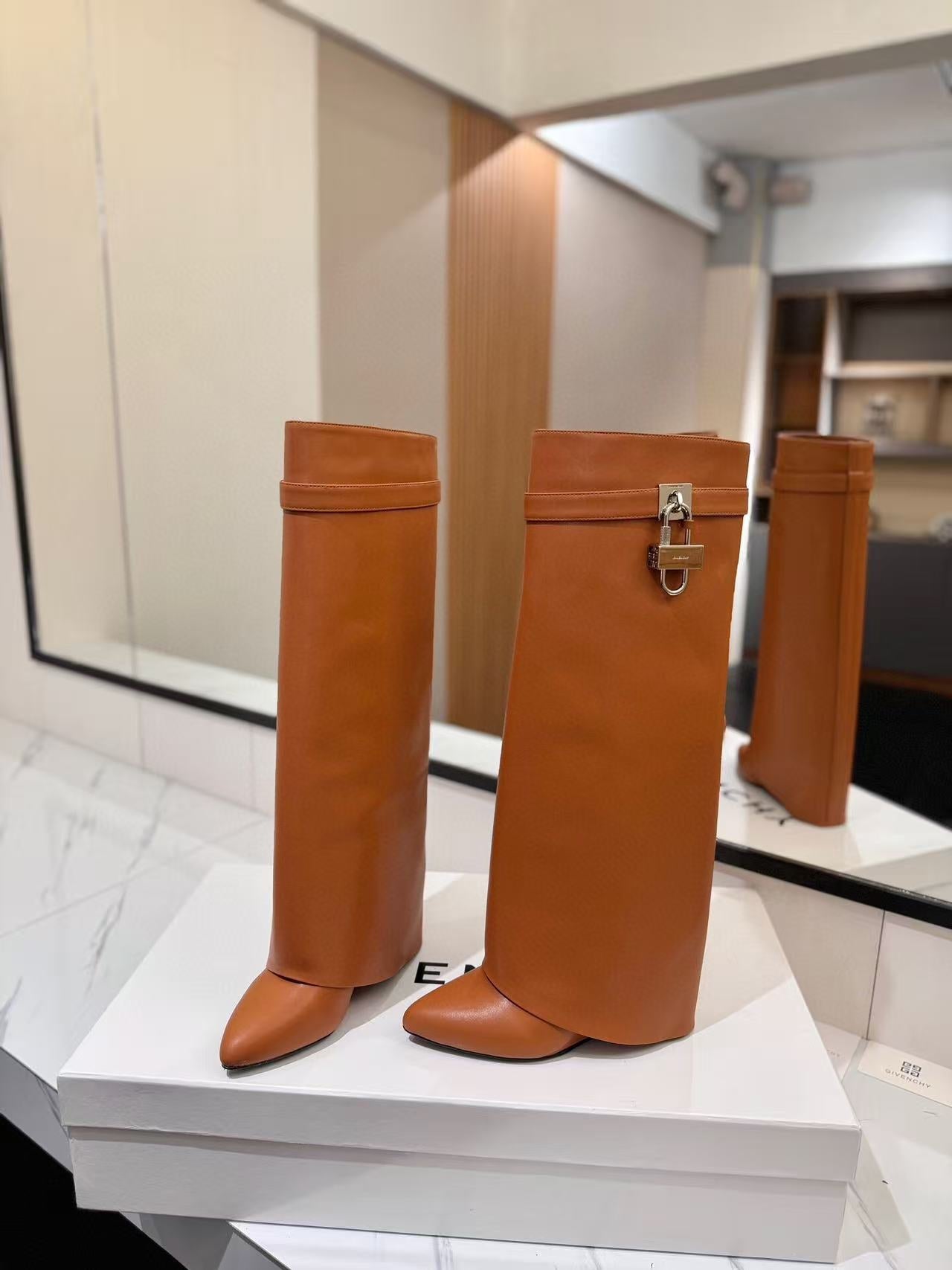 Givenchy 2025 Shark Lock High Boot Brown Calfskin