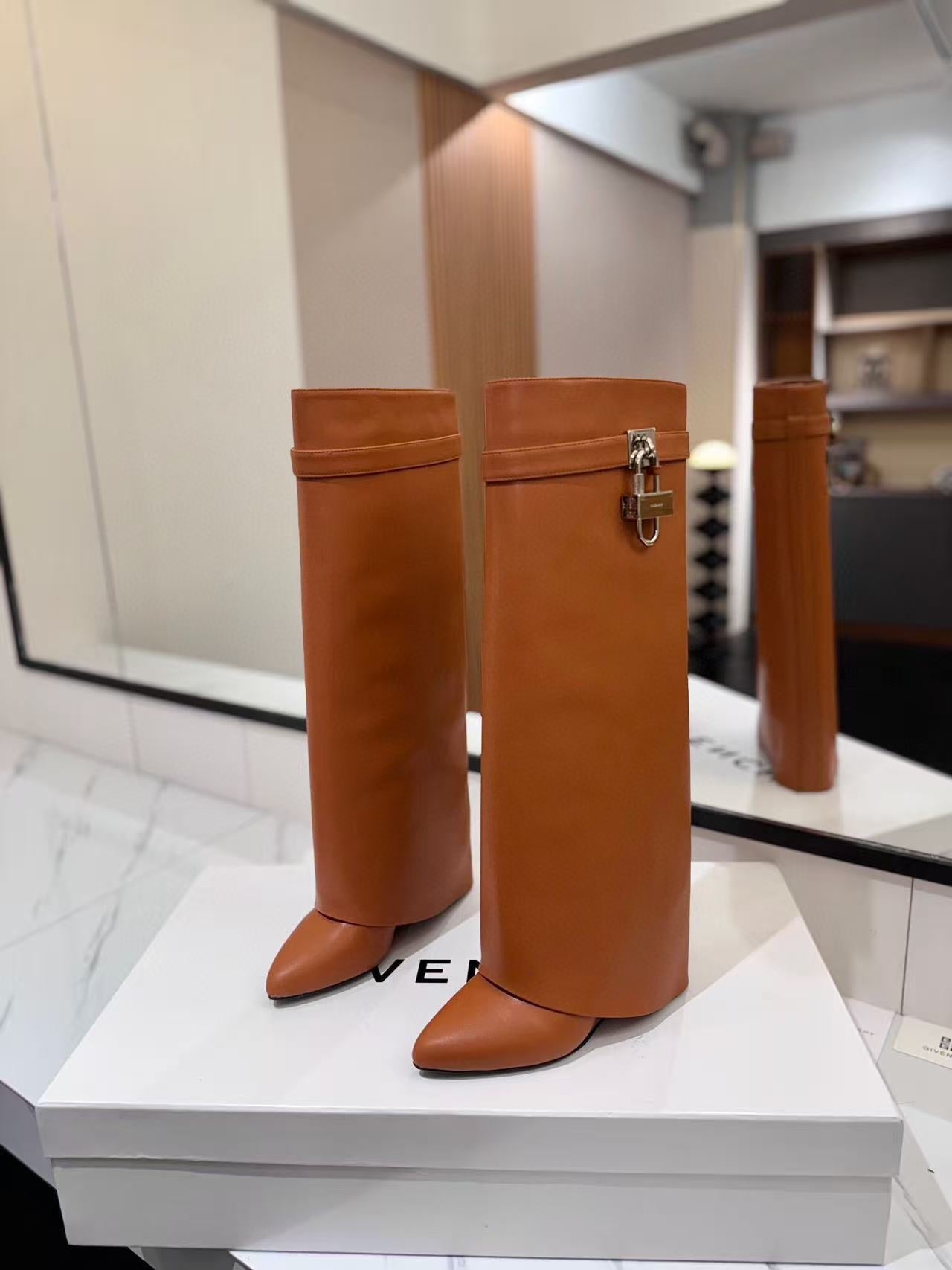 Givenchy 2025 Shark Lock High Boot Brown Calfskin