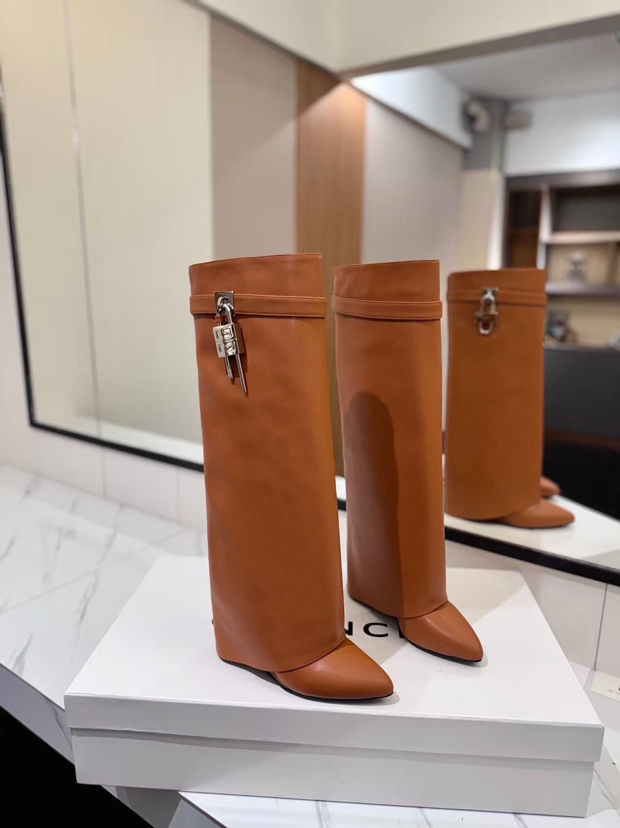 Givenchy 2025 Shark Lock High Boot Brown Calfskin