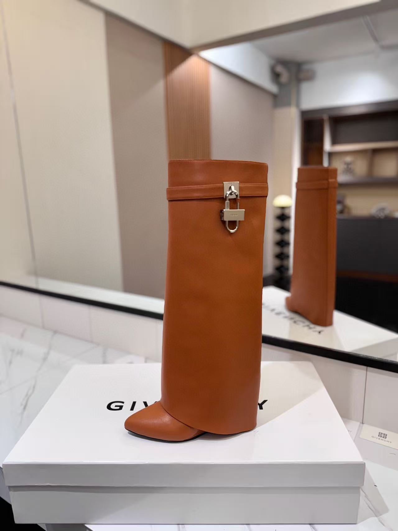 Givenchy 2025 Shark Lock High Boot Brown Calfskin