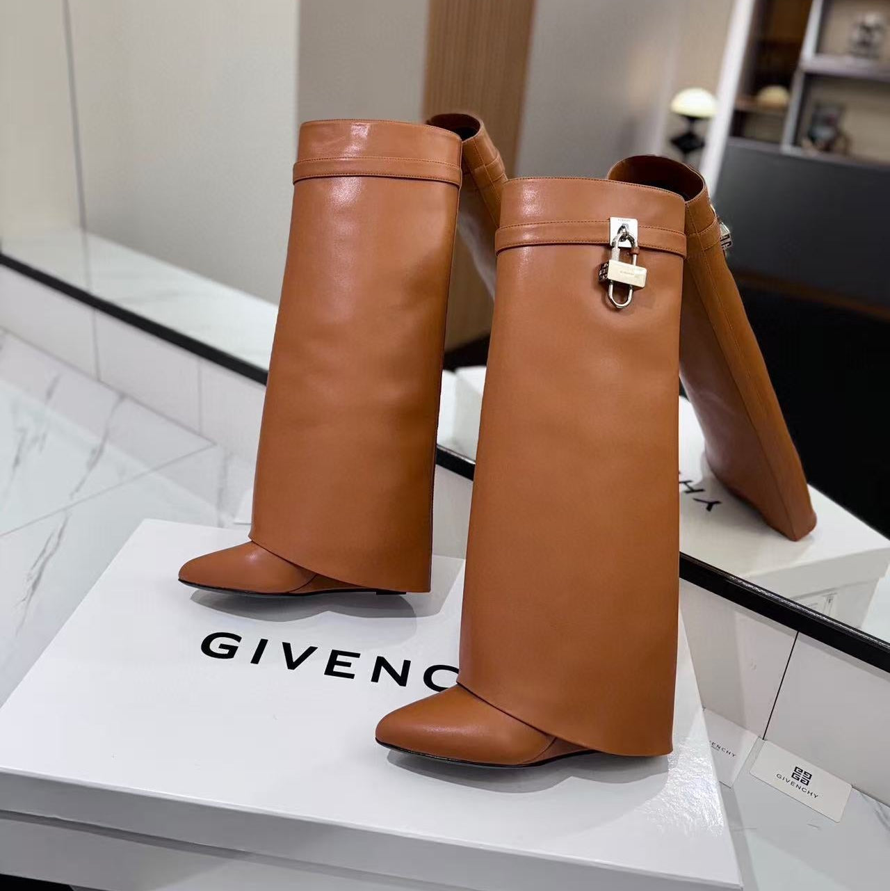 Givenchy 2025 Shark Lock High Boot Brown Calfskin