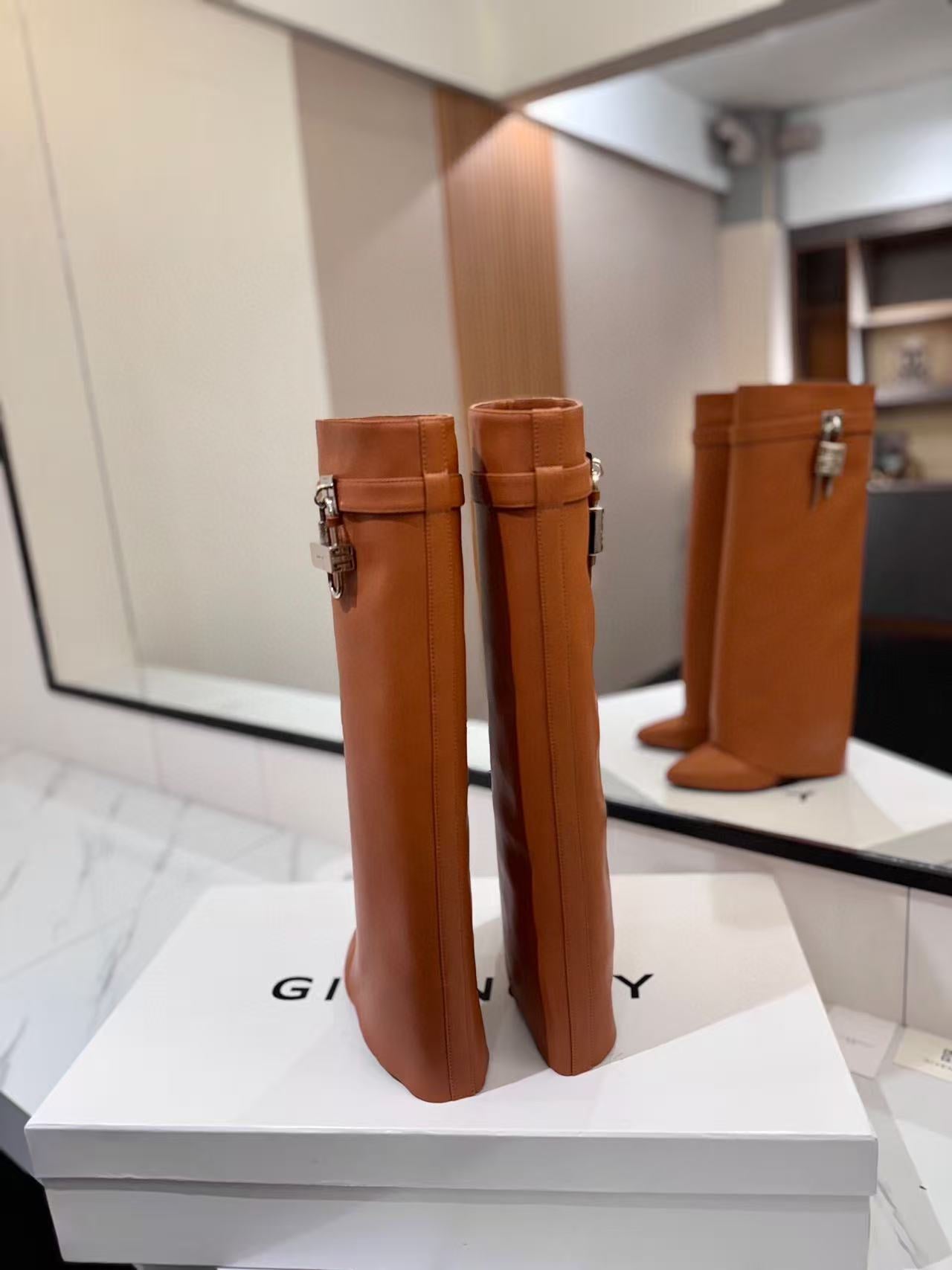 Givenchy 2025 Shark Lock High Boot Brown Calfskin