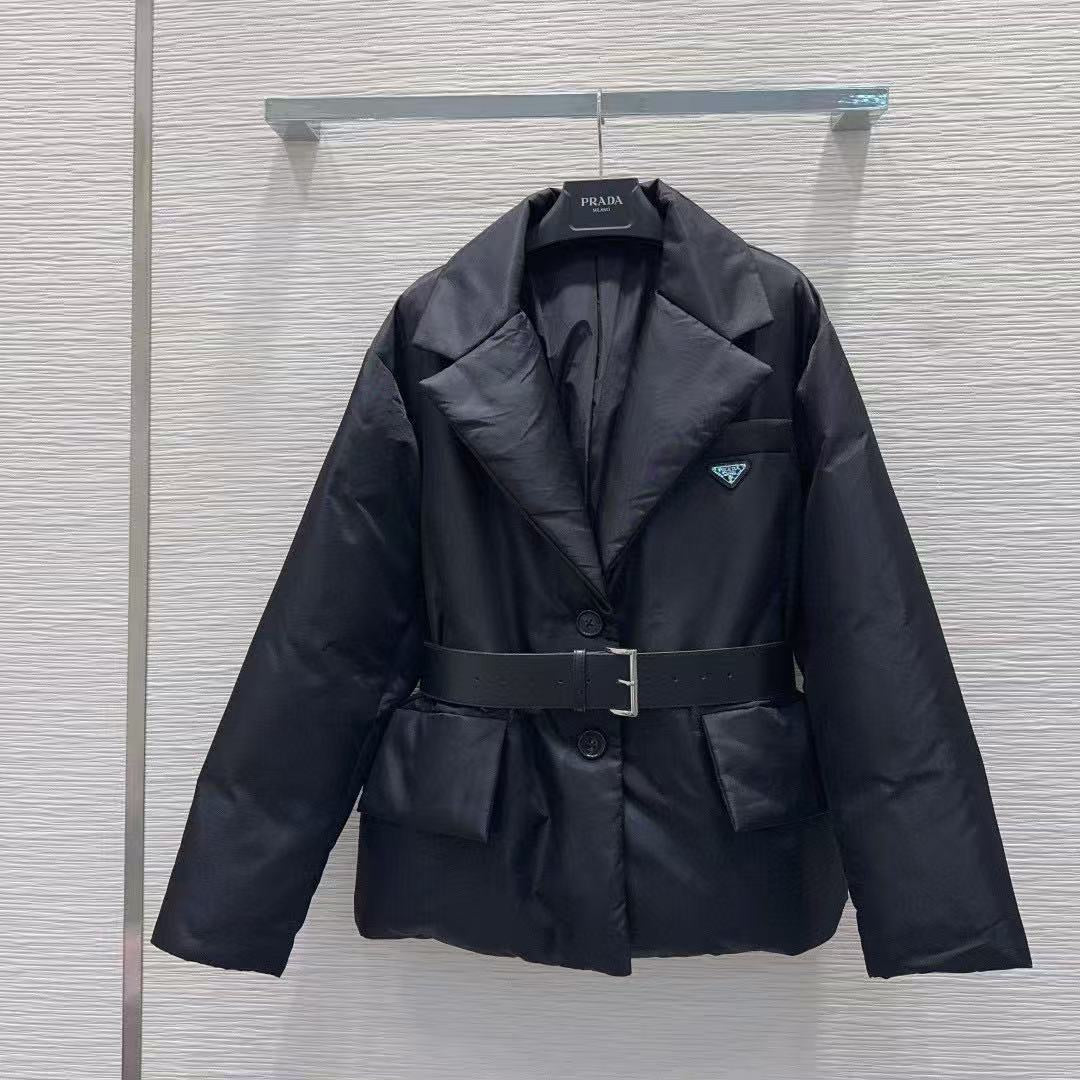 Prada 2025 Re-Nylon Down Jacket With Wide Lapels And A Belt