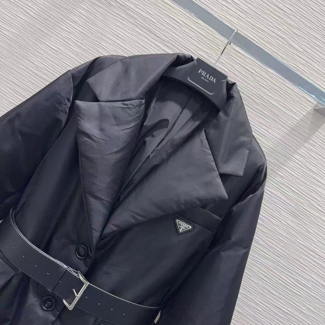 Prada 2025 Re-Nylon Down Jacket With Wide Lapels And A Belt