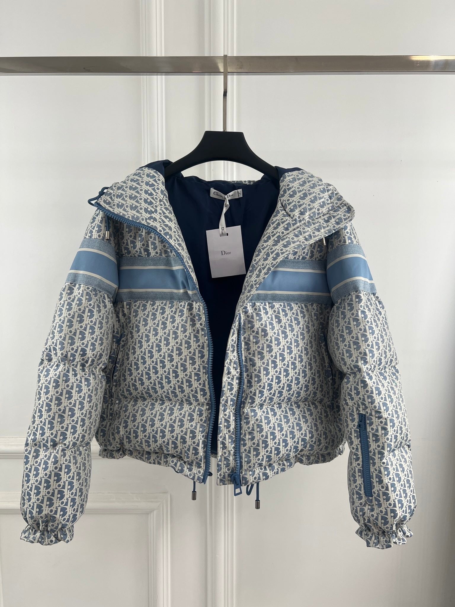 Dior 2026 Oblique Cropped Puffer Jacket Blue White Polyester Down