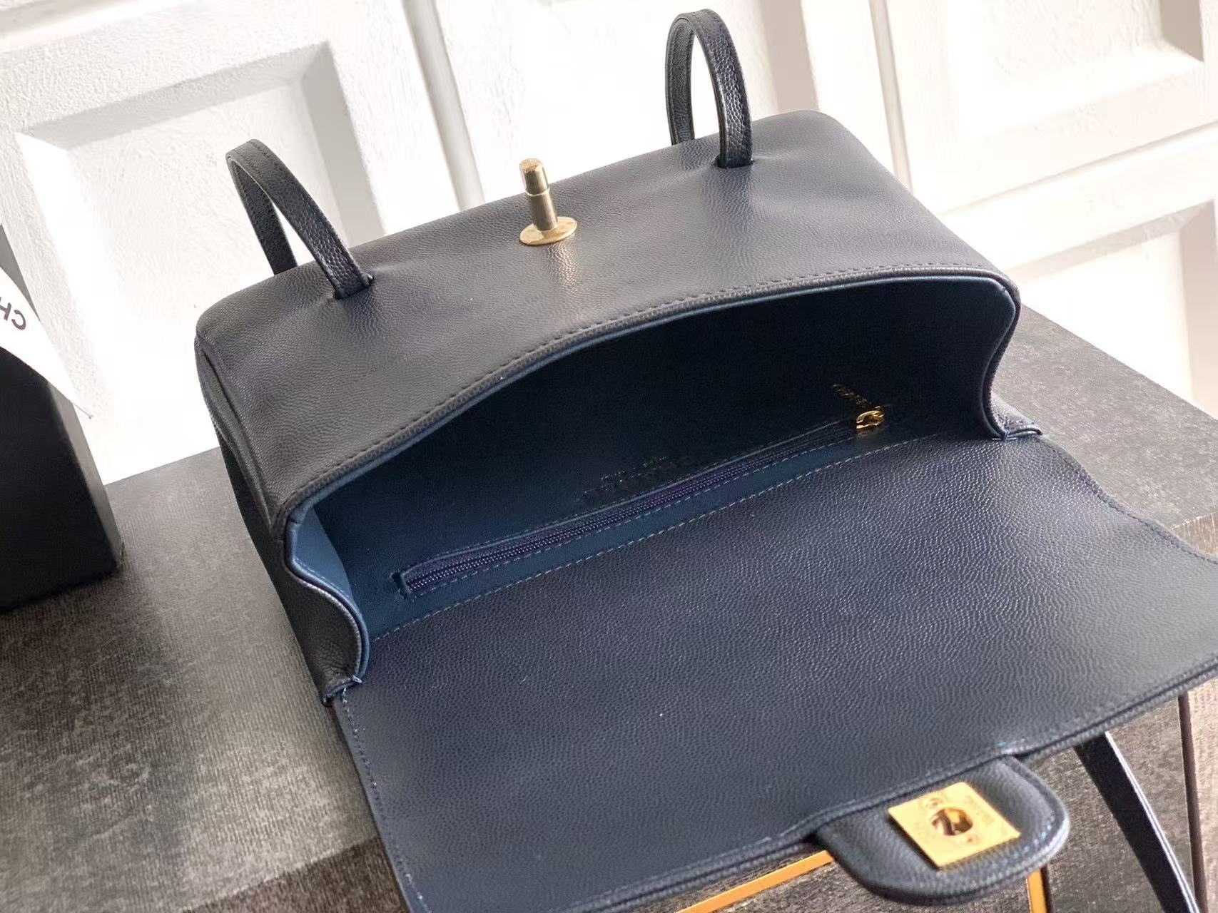 Chanel 2026 Bag 22cm Blue Grained Shiny Calfskin