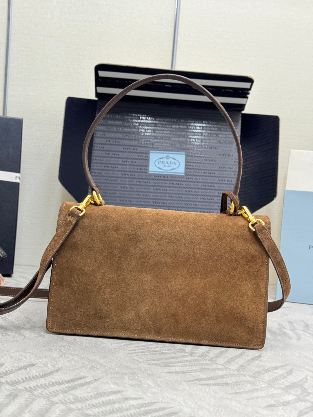 Prada 2026 Soft Sound Bag 28cm Brown Suede Leather