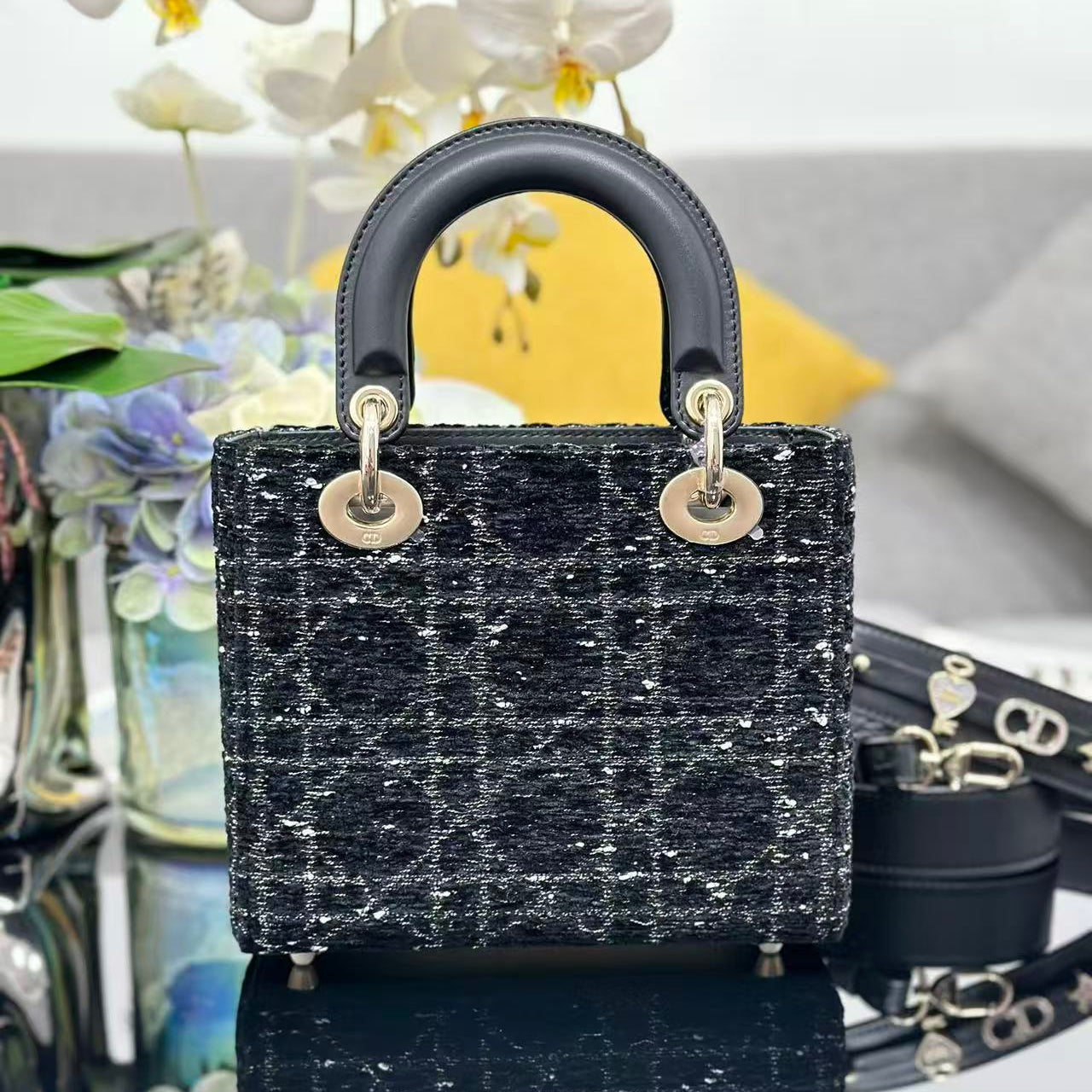 Dior 2026 Lady Dior Bag 20cm Black Gold Tweed Leather