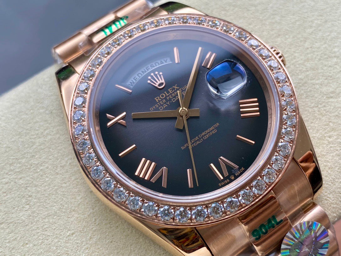 Day Date 40 18K Rose Gold with Slate Ombre Roman Dial and Diamond Bezel