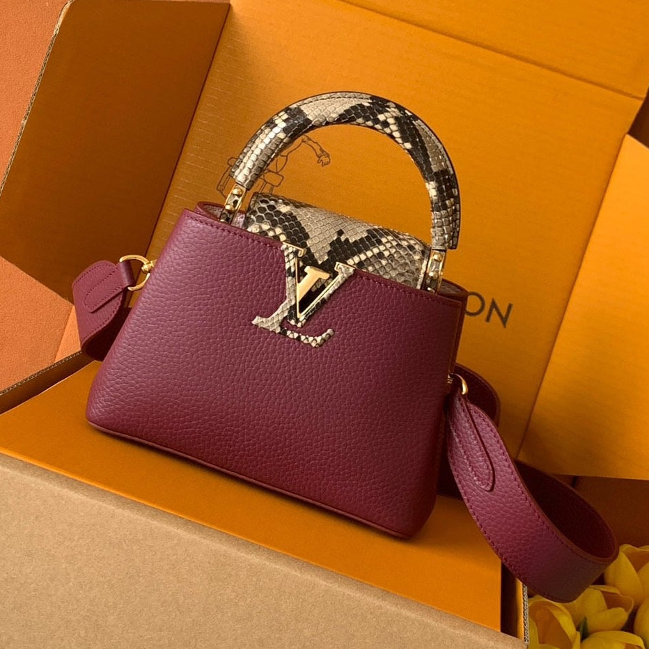LV 2026 Burgundy Taurillon Leather And Python Mini Capucines Bag