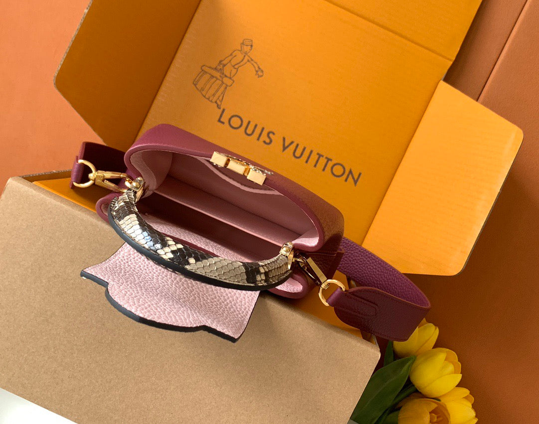LV 2026 Burgundy Taurillon Leather And Python Mini Capucines Bag