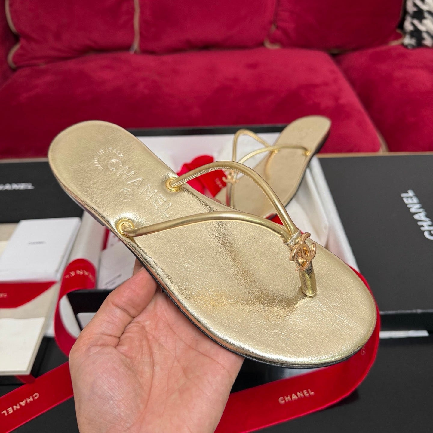 Chanel 2026 Thong Sandal Black and Gold Calfskin
