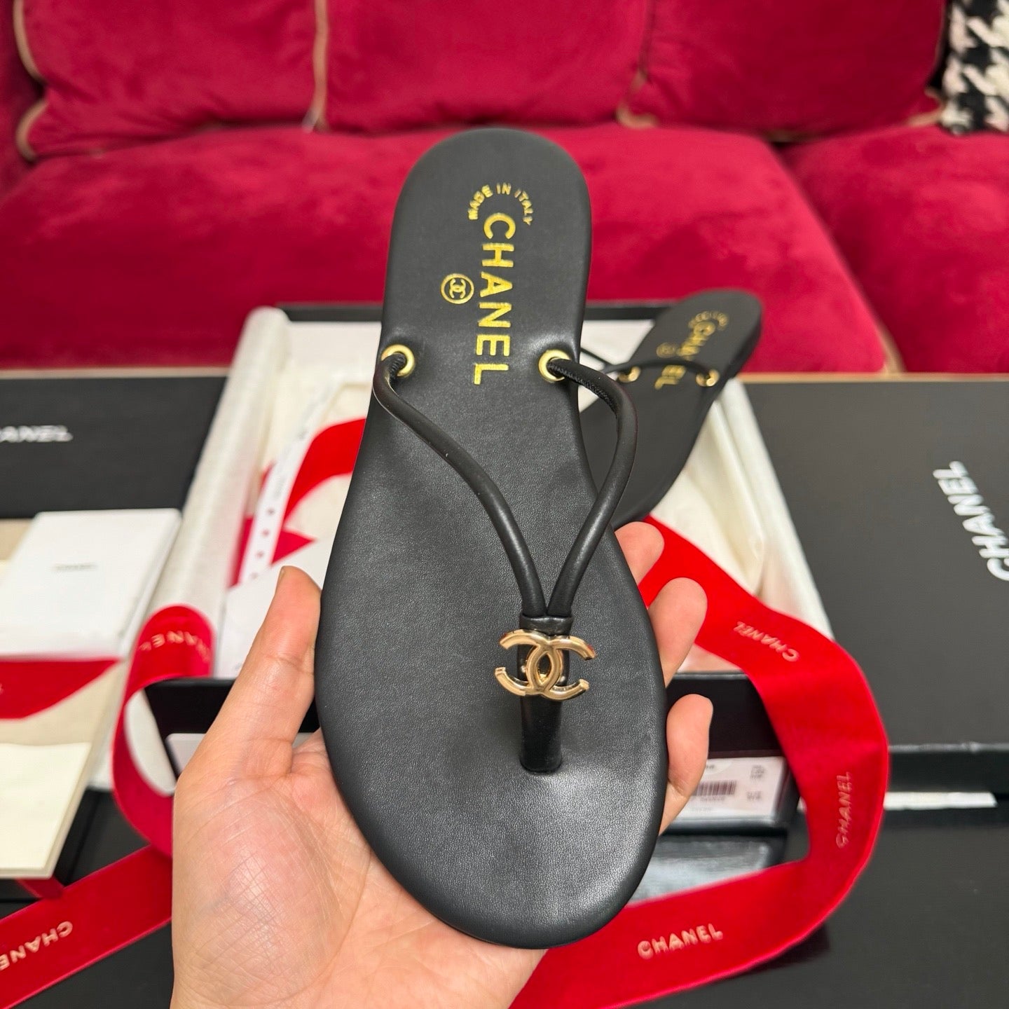 Chanel 2026 Thong Sandal Black and Gold Calfskin