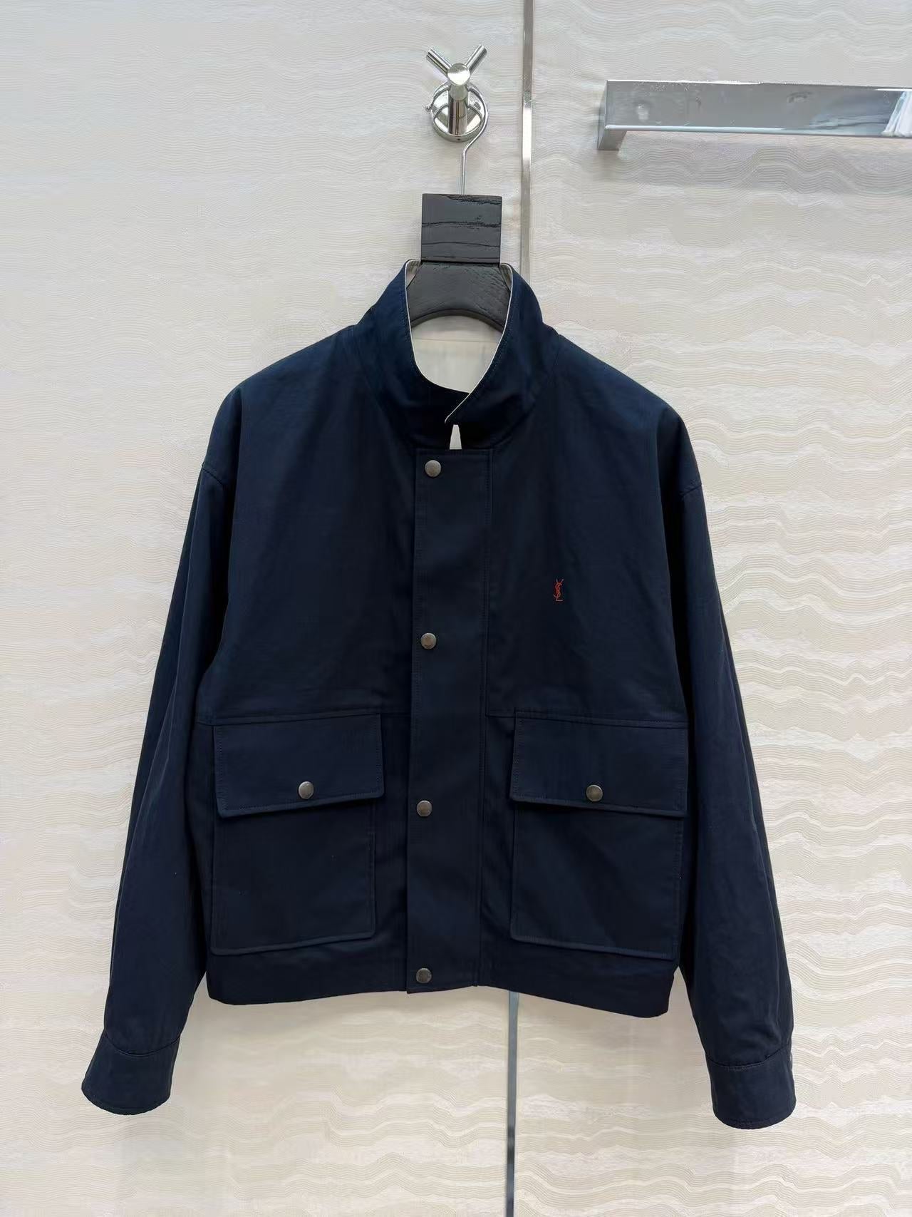 YSL 2026 Cassandre Reversible Jacket White Mix Navy Blue Cotton