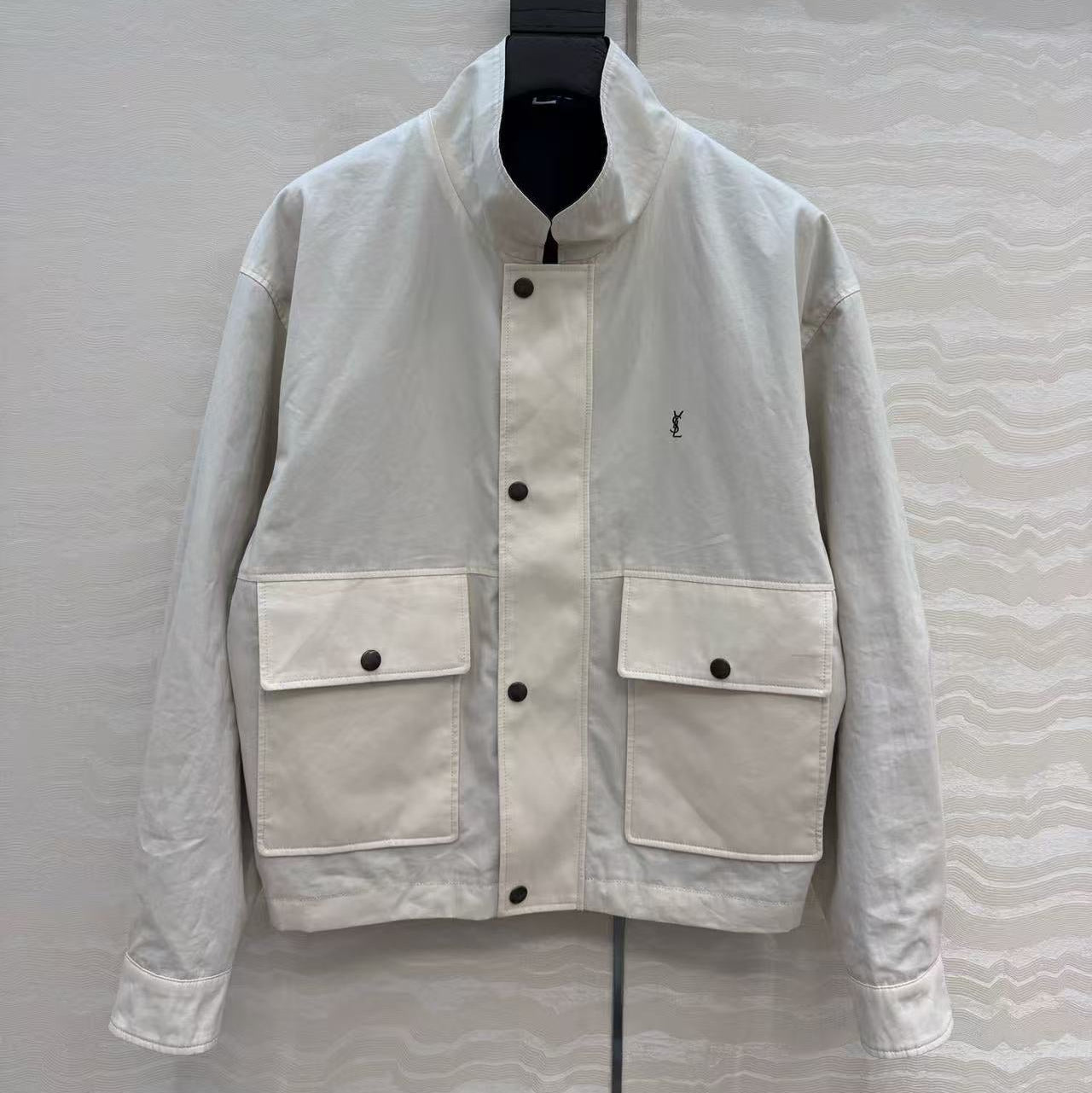 YSL 2026 Cassandre Reversible Jacket White Mix Navy Blue Cotton