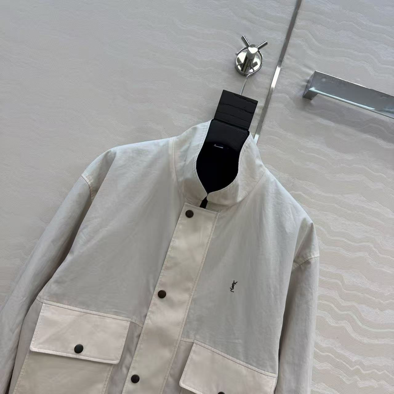 YSL 2026 Cassandre Reversible Jacket White Mix Navy Blue Cotton