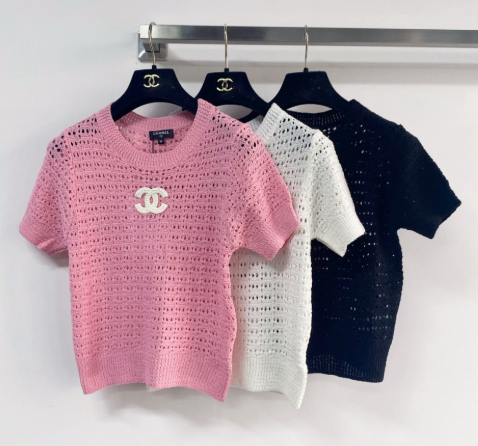 Chanel 2026 Hollow Short-Sleeve Shirt Pink Black White Wool Cashmere