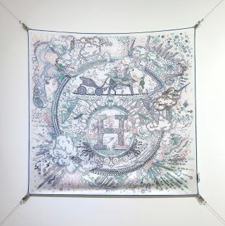 HM 26s 90 Double Sided Scarf White Green Blue Colorful Mulberry Silk 145749