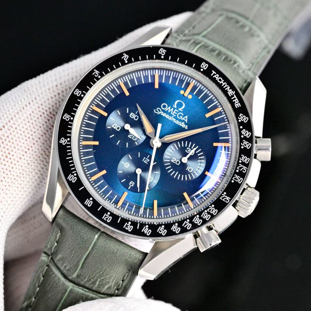 Omega Speedmaster Professional Moonwatch 42cm Blue Dial Khaki Leather Strap