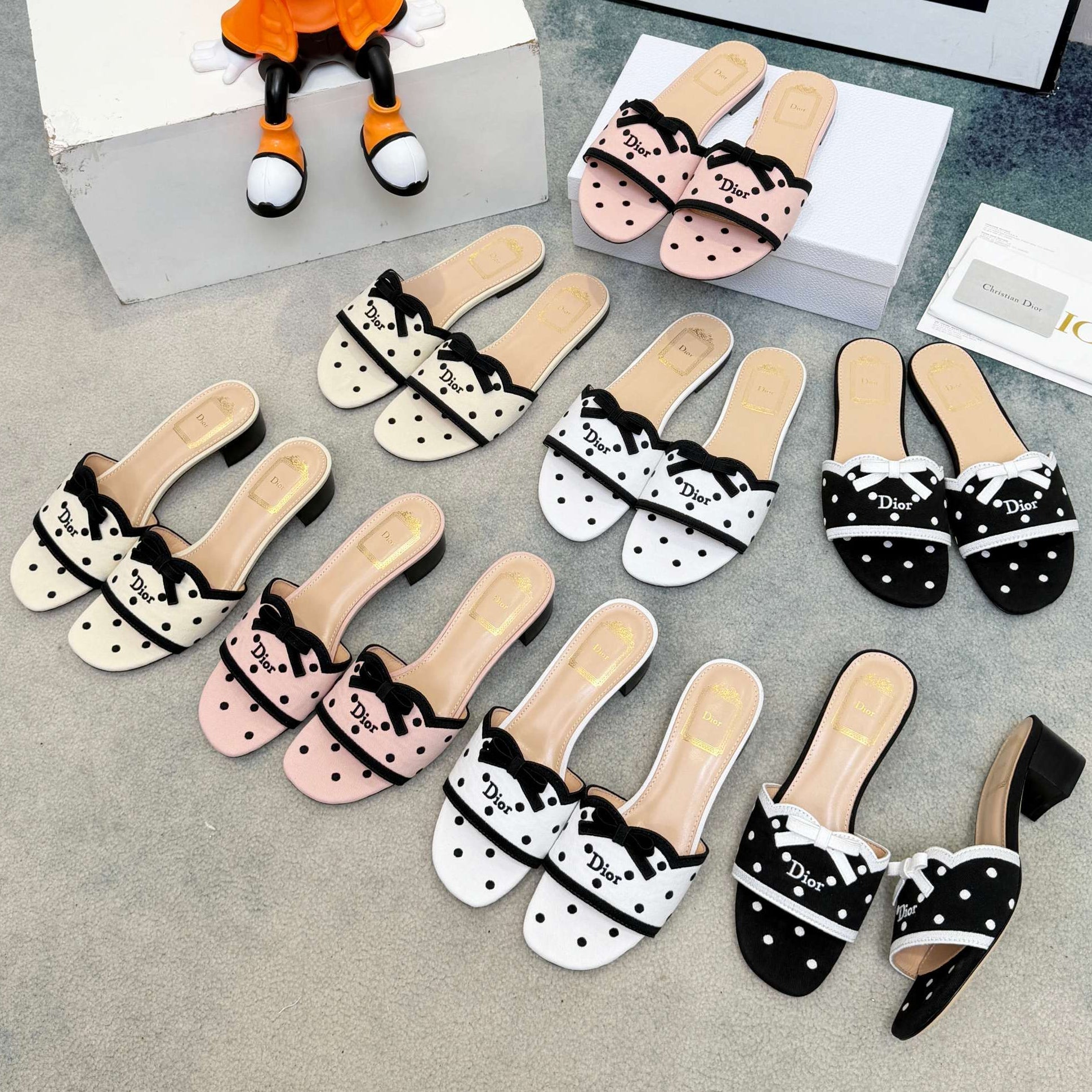 Dior 2026 Polka Dot Bow Chunky Heel Sandals Canvas 947860