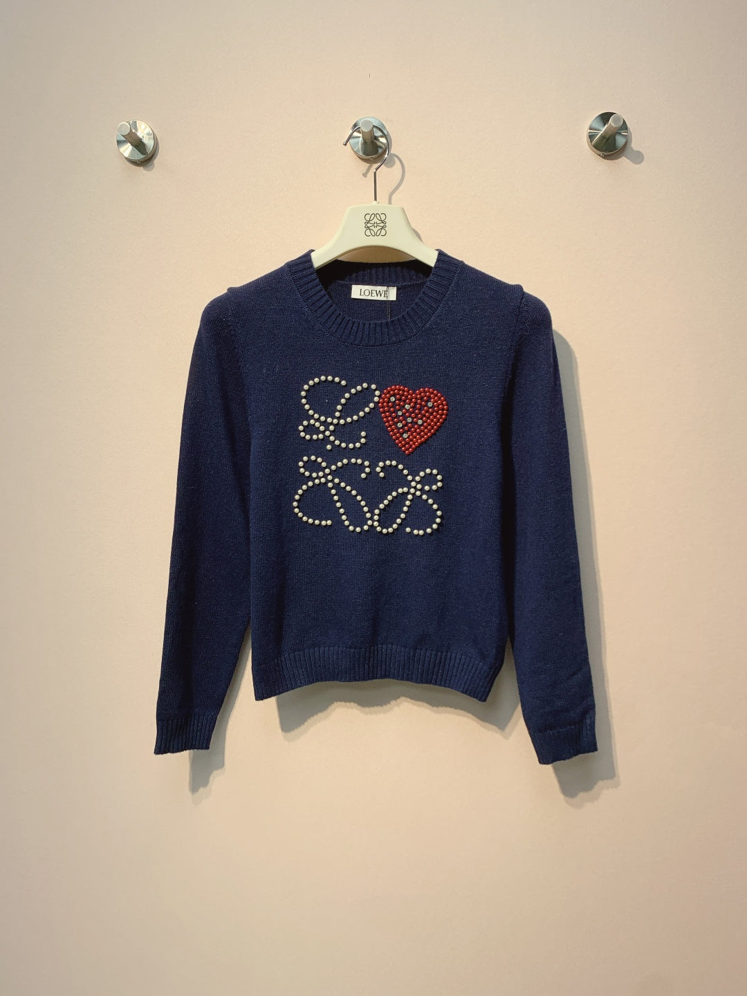 Loewe 2025 White and Blue Beaded Logo Sweater Wool Cashmere 314435