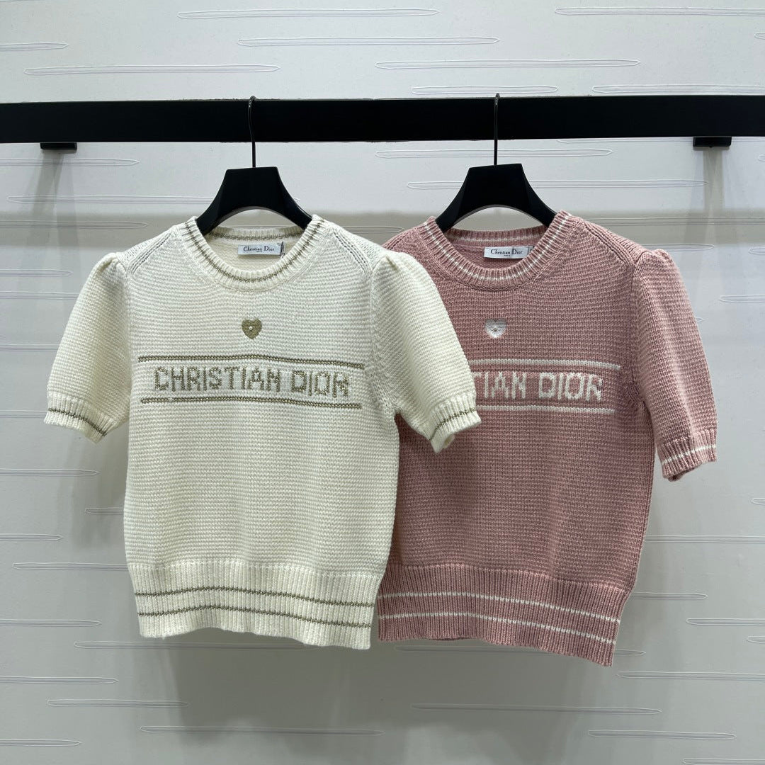 Dior 2026 Pearl Letter Knit Puff Sleeve T-shirt Wool
