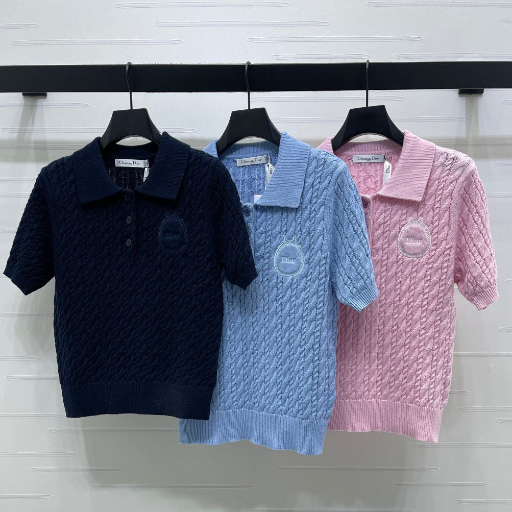 Dior 2026 Collared Cable Knit Short-Sleeve T-Shirt Wool