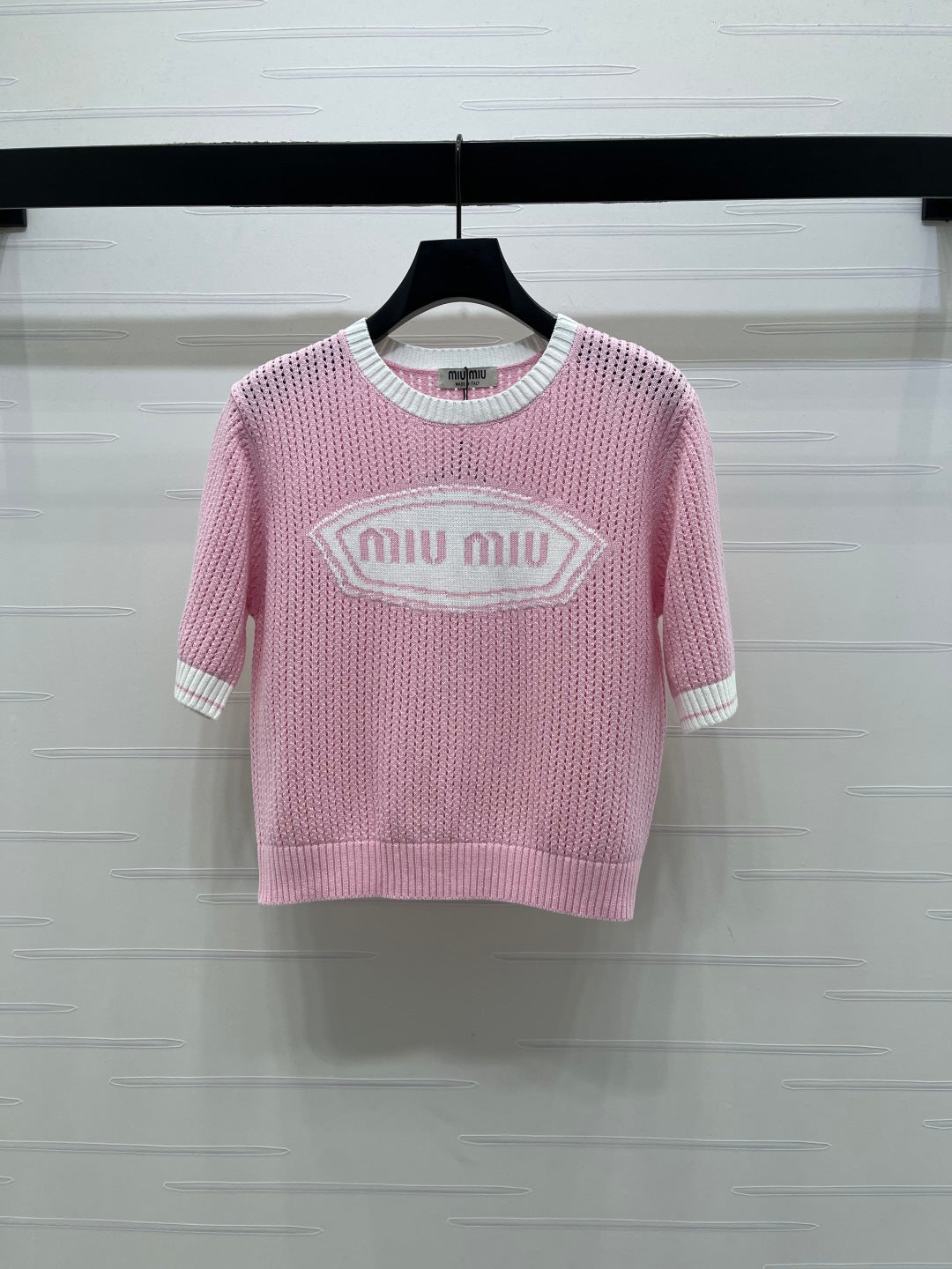 Miumiu 2026 Crew Neck Openwork Knit Short-sleeved Shirt Wool