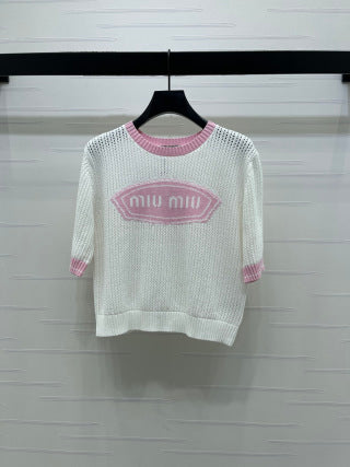 Miumiu 2026 Crew Neck Openwork Knit Short-sleeved Shirt Wool