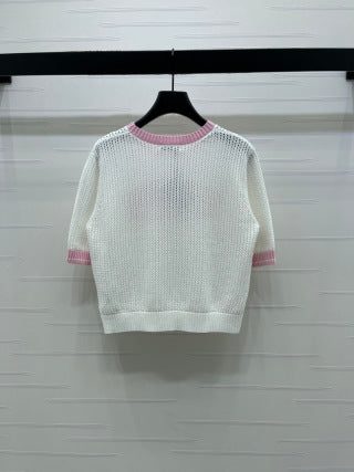 Miumiu 2026 Crew Neck Openwork Knit Short-sleeved Shirt Wool