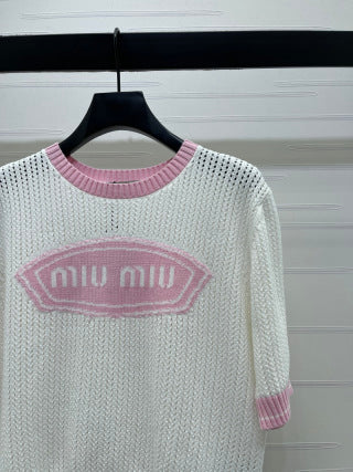 Miumiu 2026 Crew Neck Openwork Knit Short-sleeved Shirt Wool