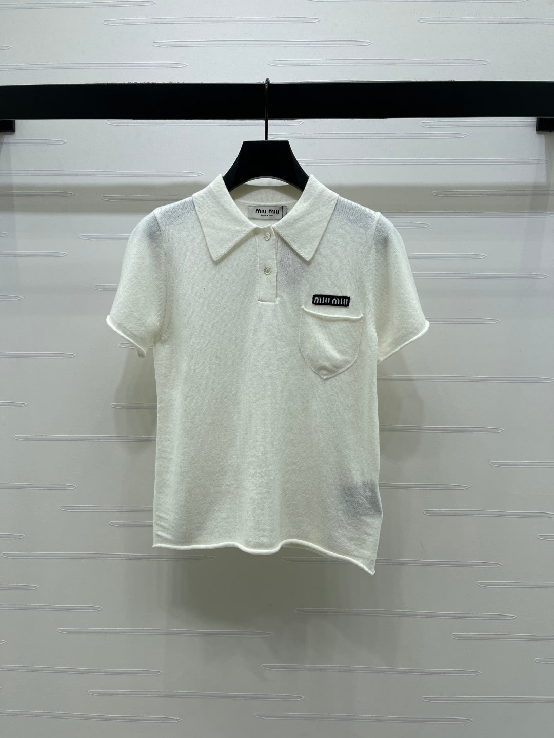 Miumiu 2026 Collared Knit Short-sleeved Sweater Cream and Gray Cashmere