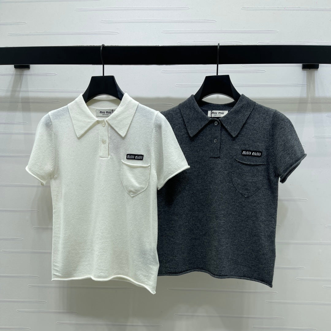 Miumiu 2026 Collared Knit Short-sleeved Sweater Cream and Gray Cashmere