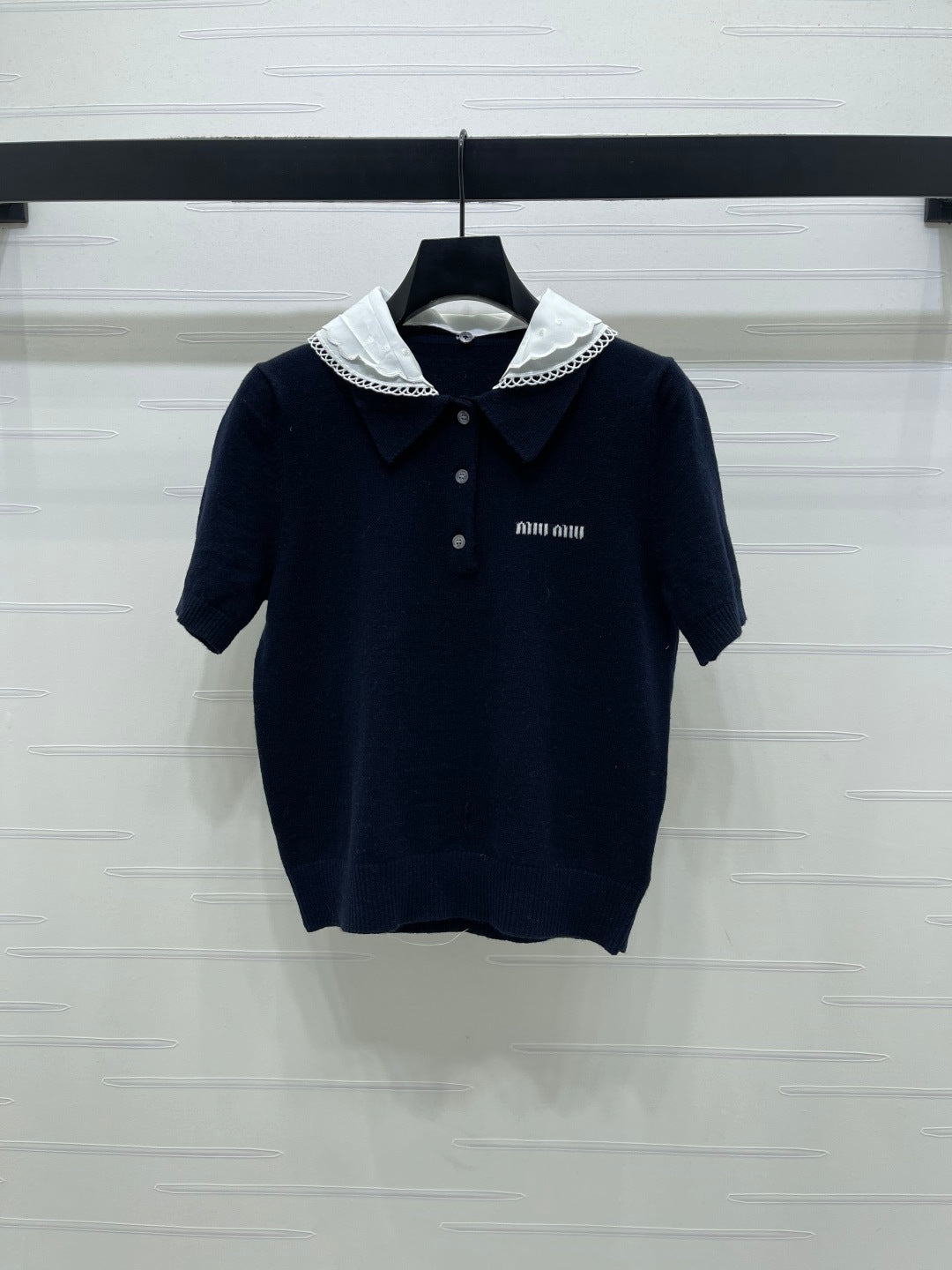 Miumiu 2026 Pan Collar Knit Short-Sleeve T-Shirt Gray and Navy Blue Wool