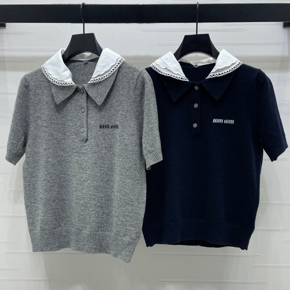 Miumiu 2026 Pan Collar Knit Short-Sleeve T-Shirt Gray and Navy Blue Wool