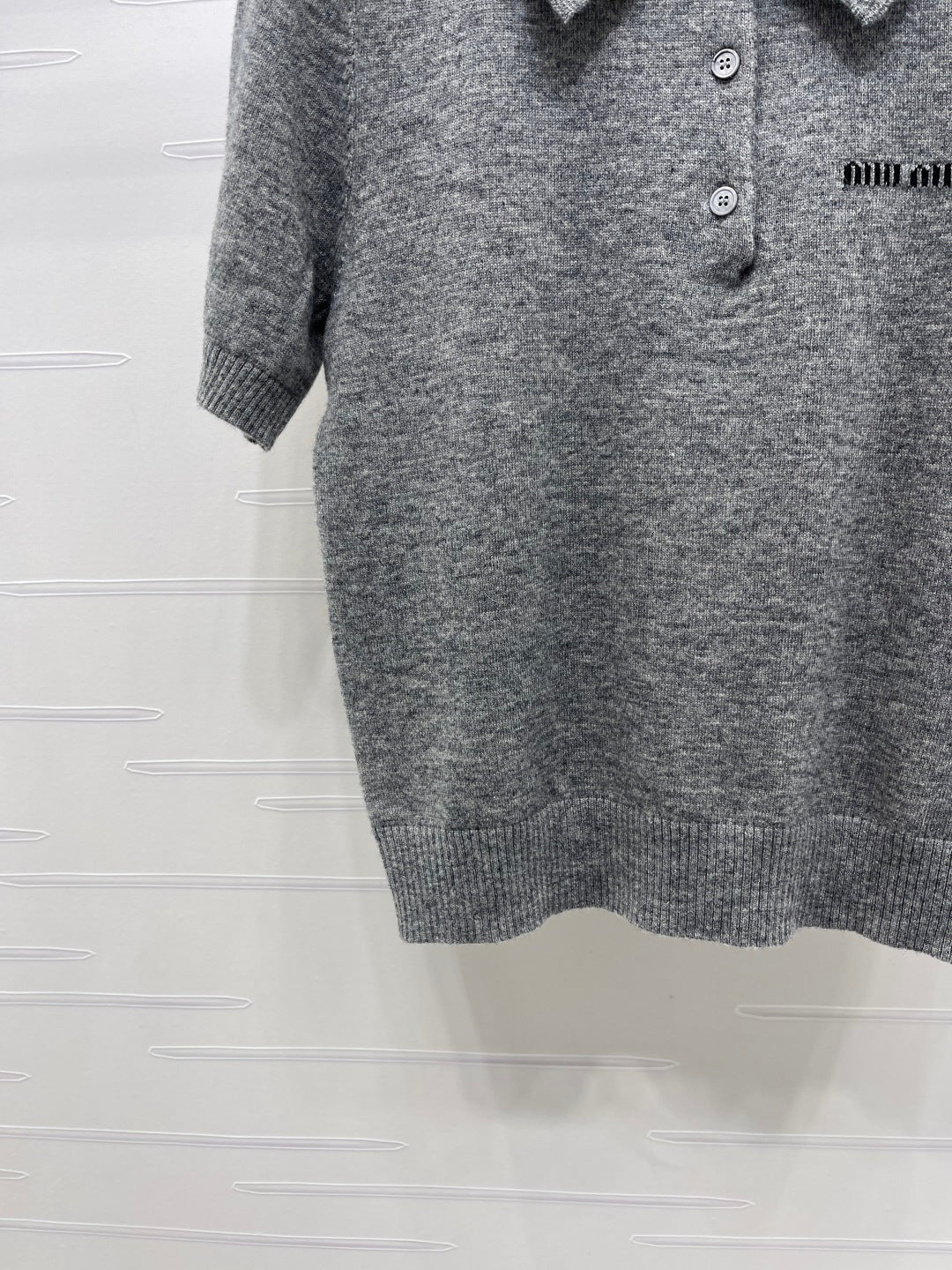 Miumiu 2026 Pan Collar Knit Short-Sleeve T-Shirt Gray and Navy Blue Wool