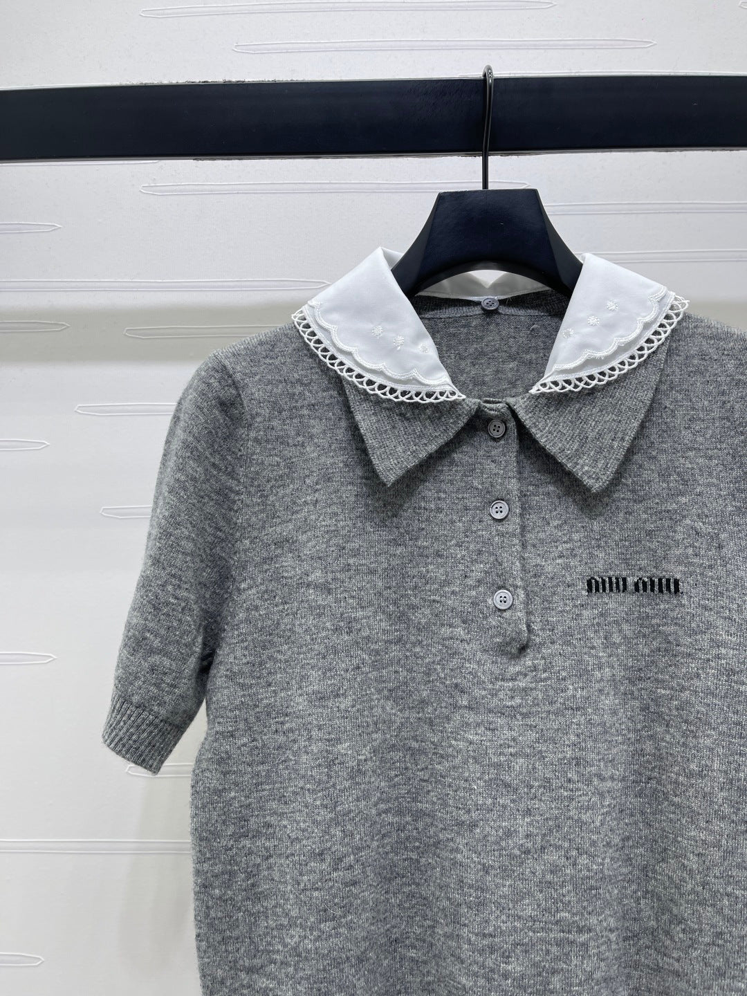 Miumiu 2026 Pan Collar Knit Short-Sleeve T-Shirt Gray and Navy Blue Wool