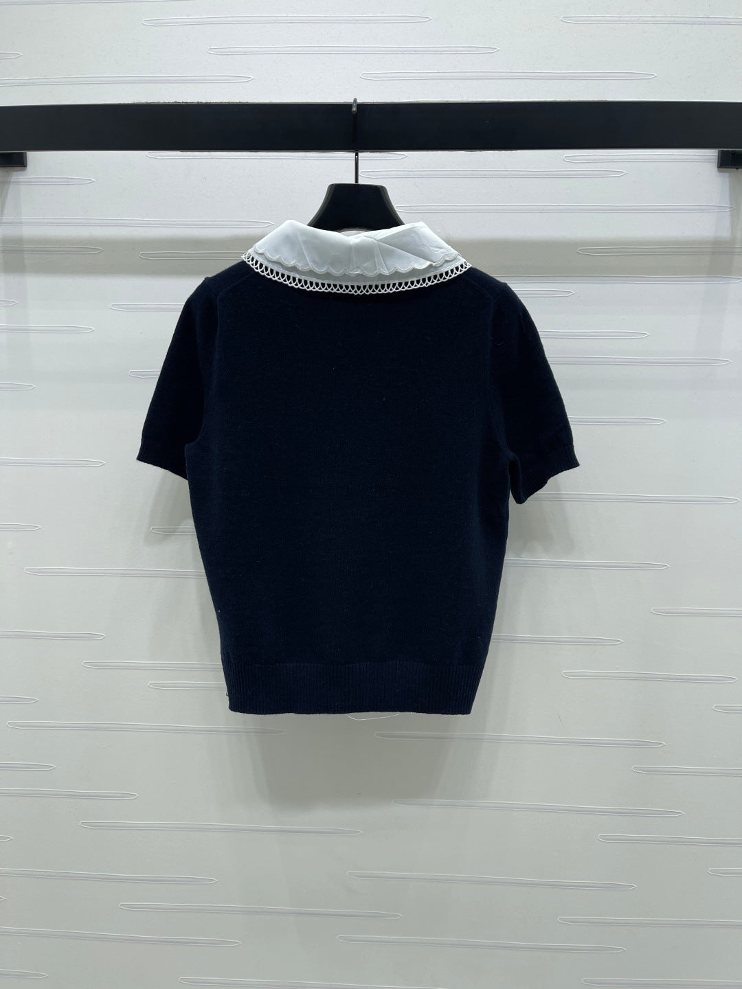 Miumiu 2026 Pan Collar Knit Short-Sleeve T-Shirt Gray and Navy Blue Wool