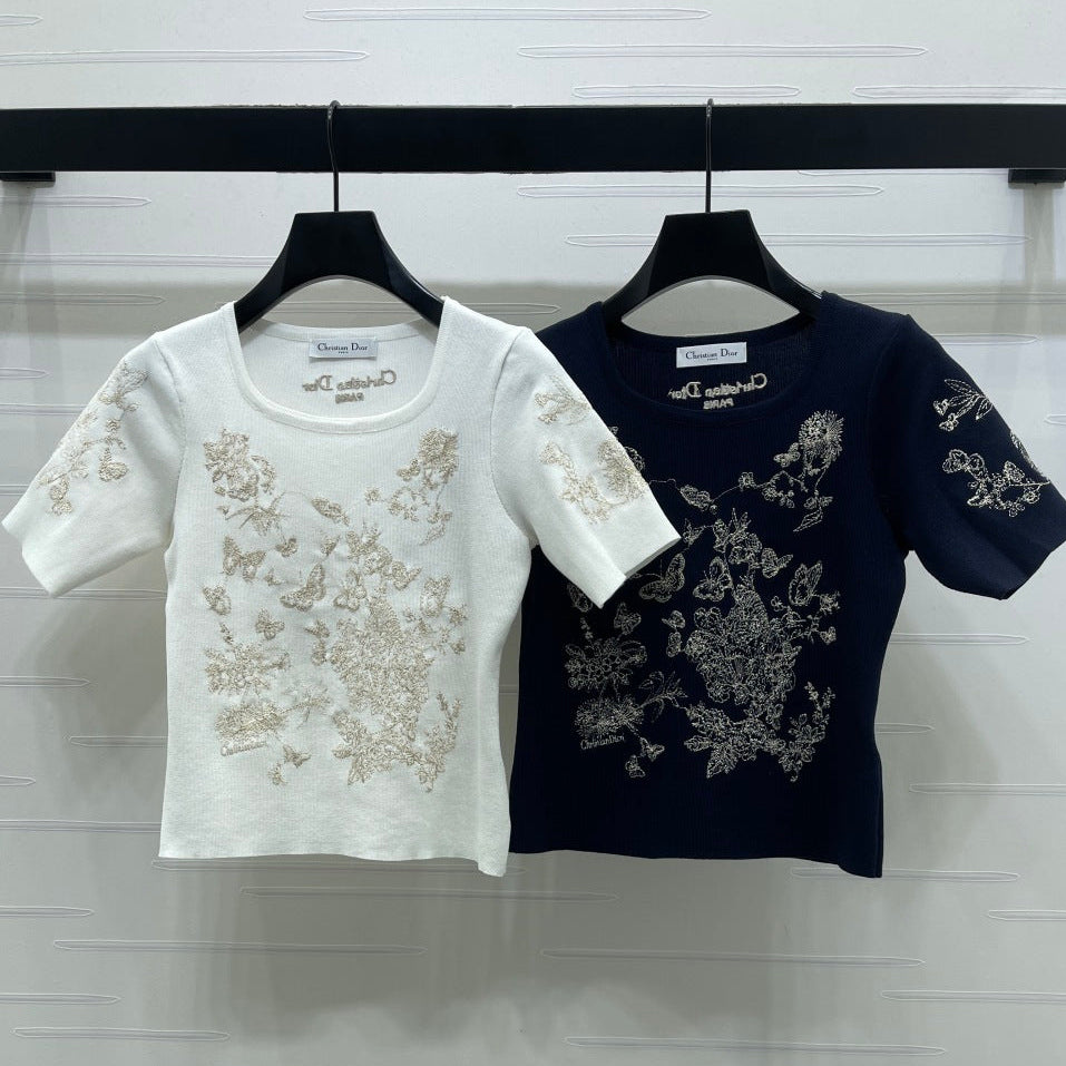 Dior 2026 Butterfly Square Neck Knit Short-sleeved Top Wool