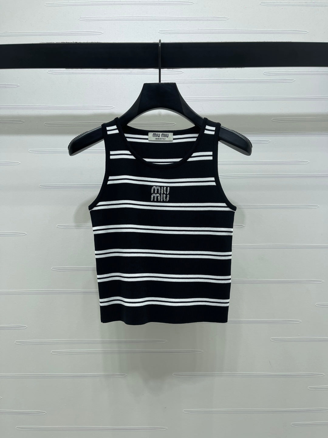 Miumiu 2026 Crew Neck Striped Knit Vest Black and White Wool 352631