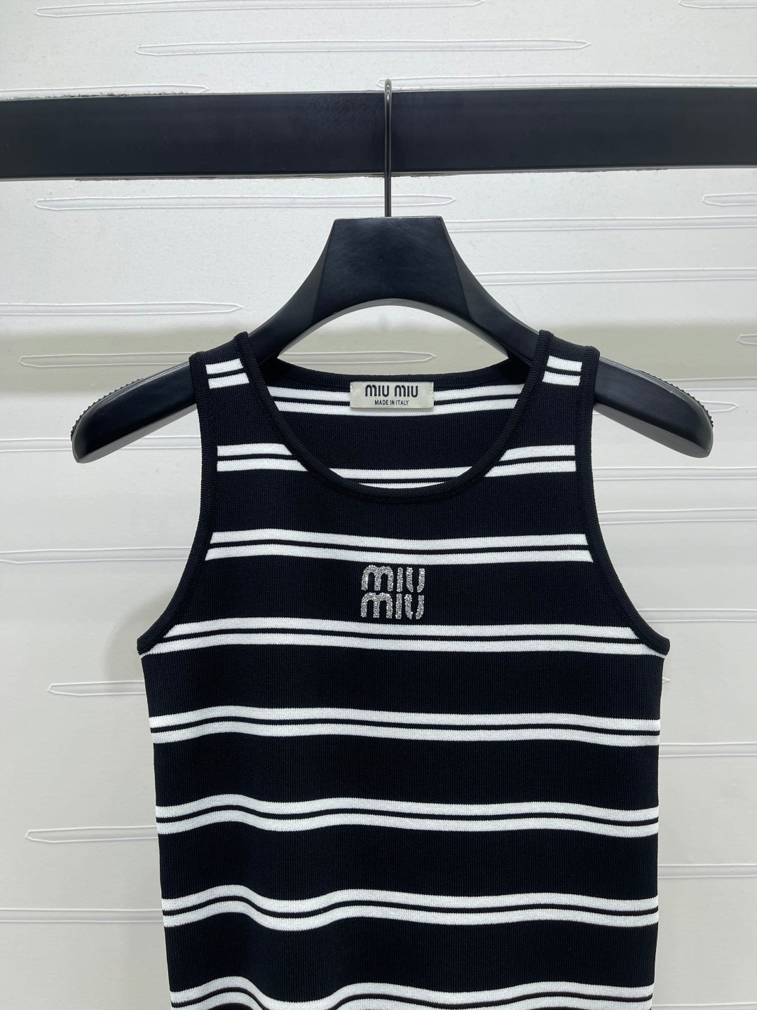 Miumiu 2026 Crew Neck Striped Knit Vest Black and White Wool 352631