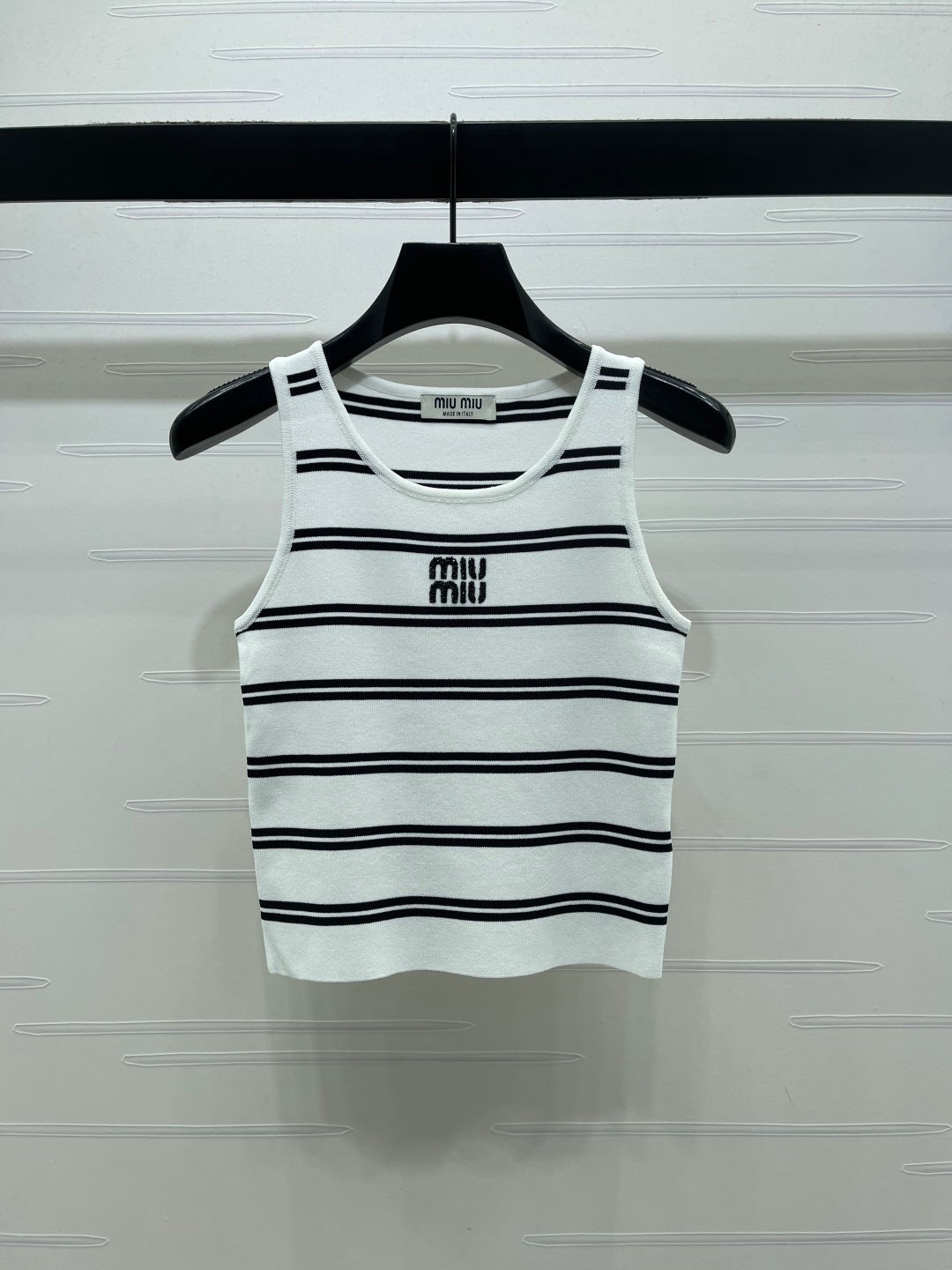 Miumiu 2026 Crew Neck Striped Knit Vest Black and White Wool 352631