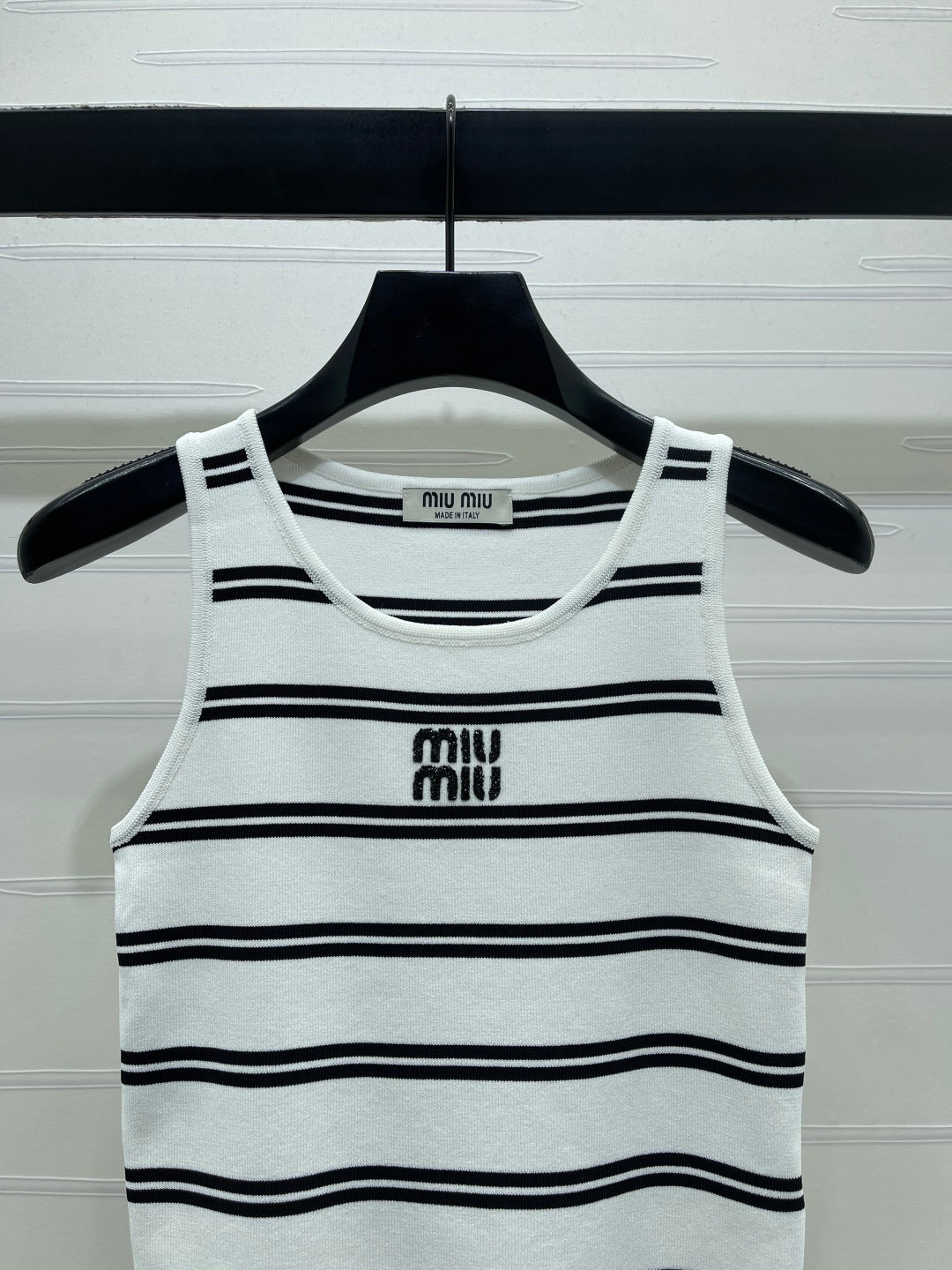 Miumiu 2026 Crew Neck Striped Knit Vest Black and White Wool 352631